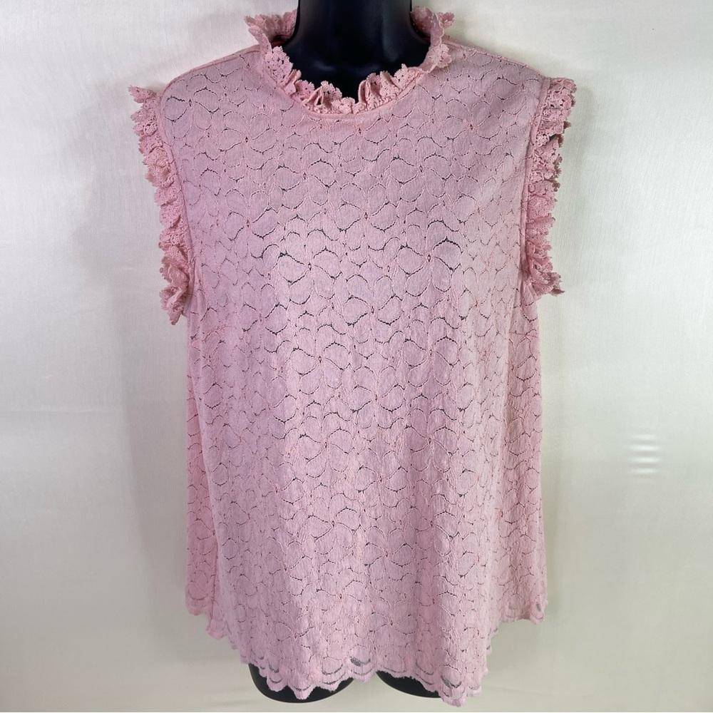 Everleigh Pink Floral Lace Ruffle Mock Neck Sleeveless Blouse Large